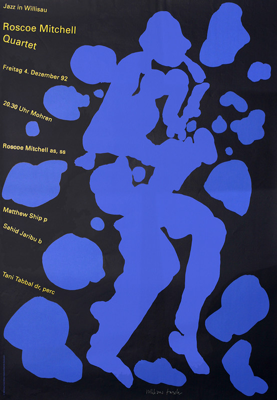 Abstract blue saxophone player; black