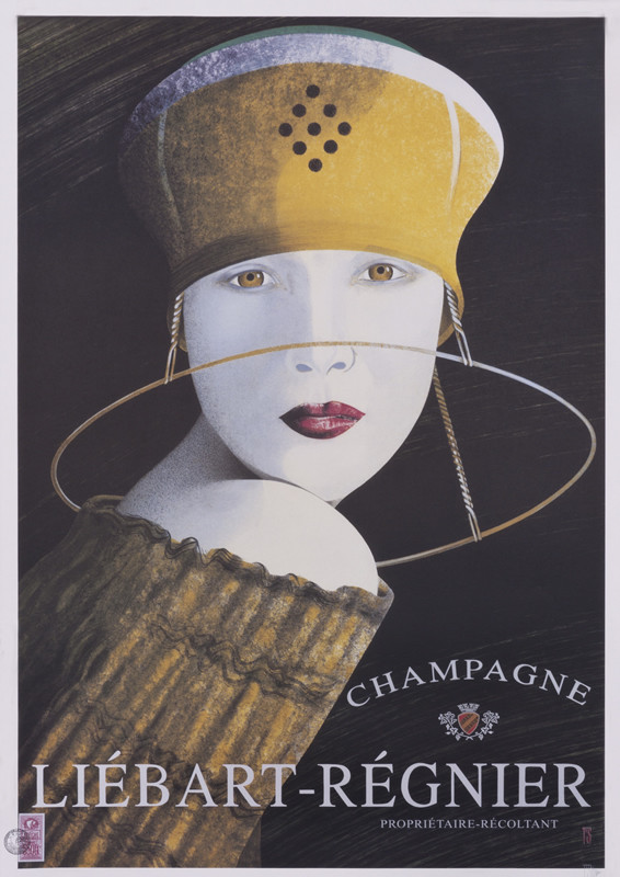 Woman in hat in the form of a wire champagne cork cover; yellow, black