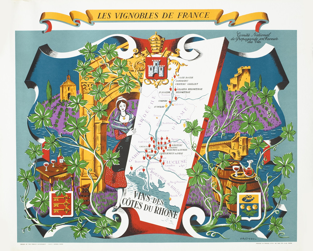 Busy scene with woman in historical dress, map, shield, river, castle, vines, wine; blue, green, yellow, red