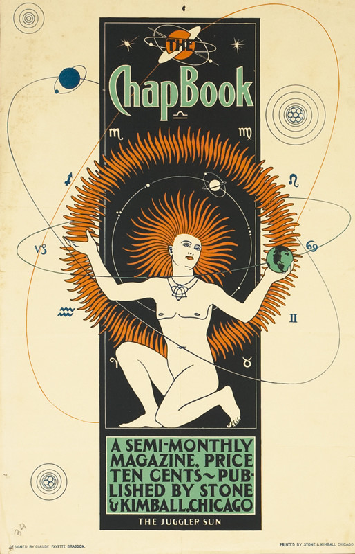 Androgynous Sun with rays of hair juggles signs of the Zodiac; orange, black, green