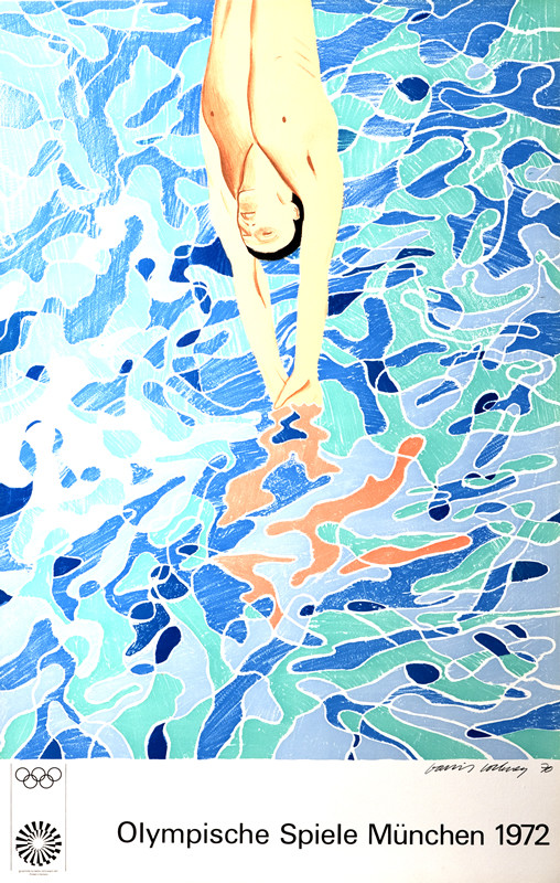Diver knifes into the water; blue, brown, green
