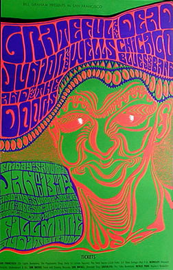 No. 45, man's face, Junior Wells and His Chicago Blues Band, The Doors; red, purple, green