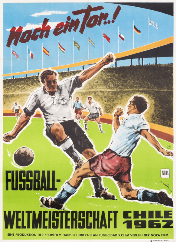 Two soccer players go for ball