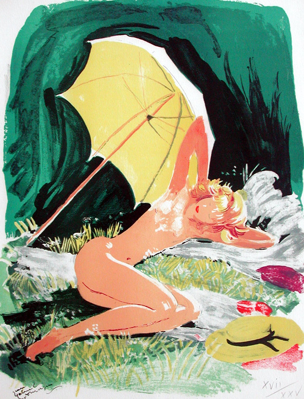 Nude curls up under umbrella; green, yellow, tan