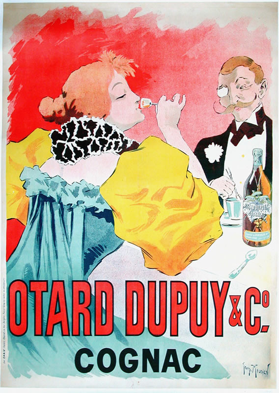 woman drinks cognac as older man with monocle looks on; red, yellow, blue, black