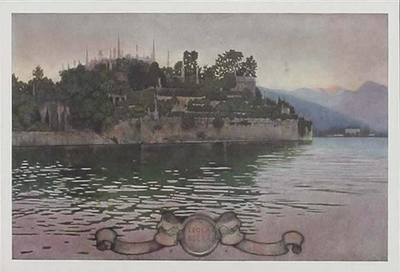 Terraced island with statues, water and mountains at sunset; pink, green, lavender