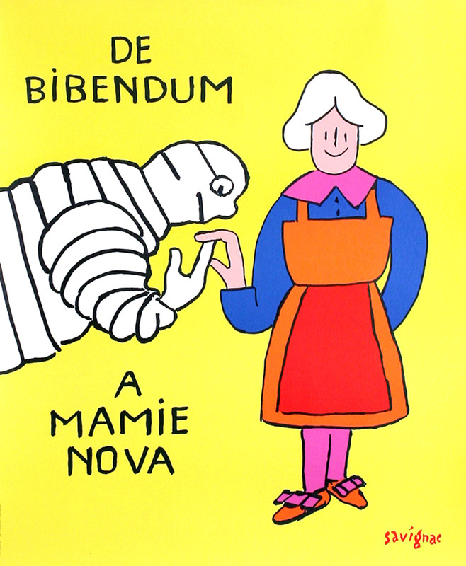 Michelin Man kisses woman's hand; yellow, red, pink