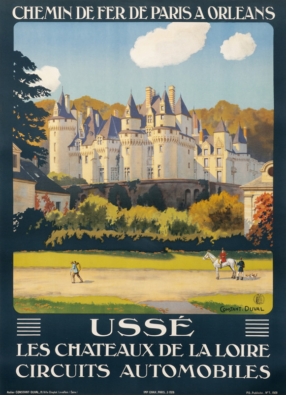 Castle with trees and dirt road, man on horse in foreground