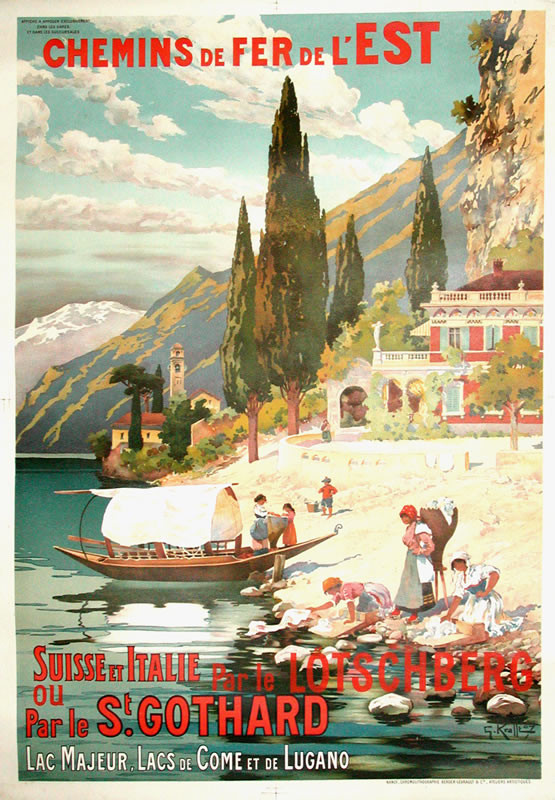 Women doing laundry on lake shore, mountains and house; green, blue, red