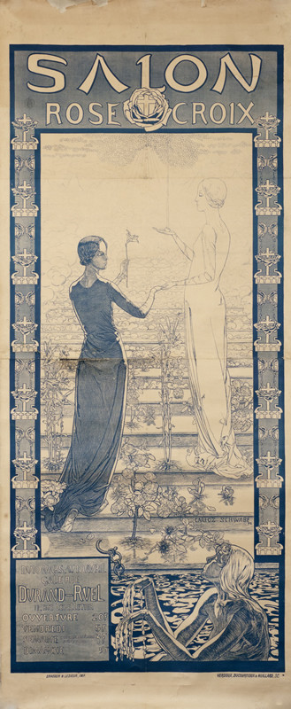 Allegorical scene: Purity and Faith ascend stairs while Humanity is bogged down in the mire; blue, white