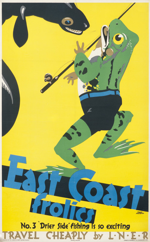 Frog holding onto a fishing pole; Blue, Yellow, Green, Black