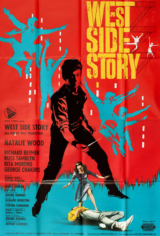 Natalie Woods stands over dead body, Jets dance; red, blue