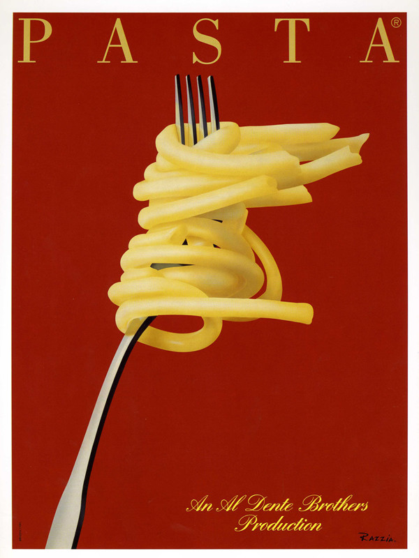 Spaghetti on large fork; red, yellow, white