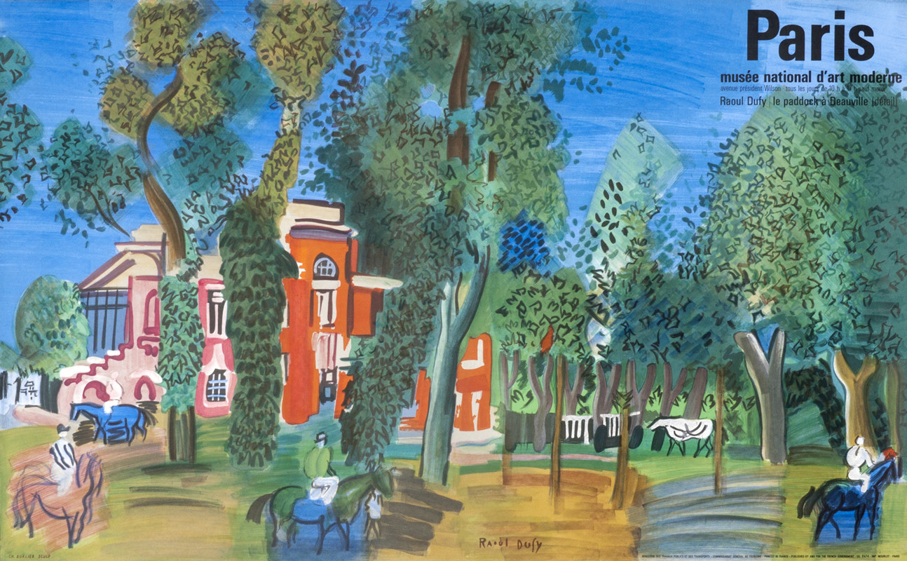 Trees, building, jockeys on horses walking through grounds; green, blue, red