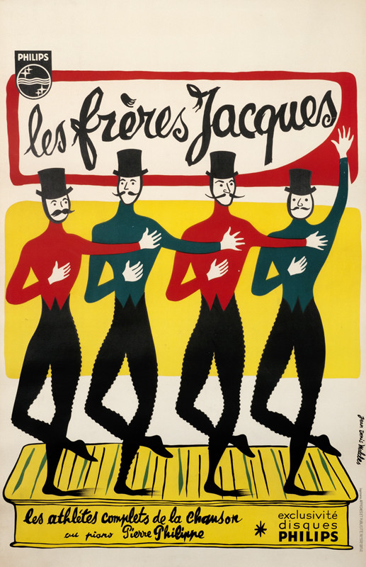 Four men in top hats dance on stage; red, blue, yellow