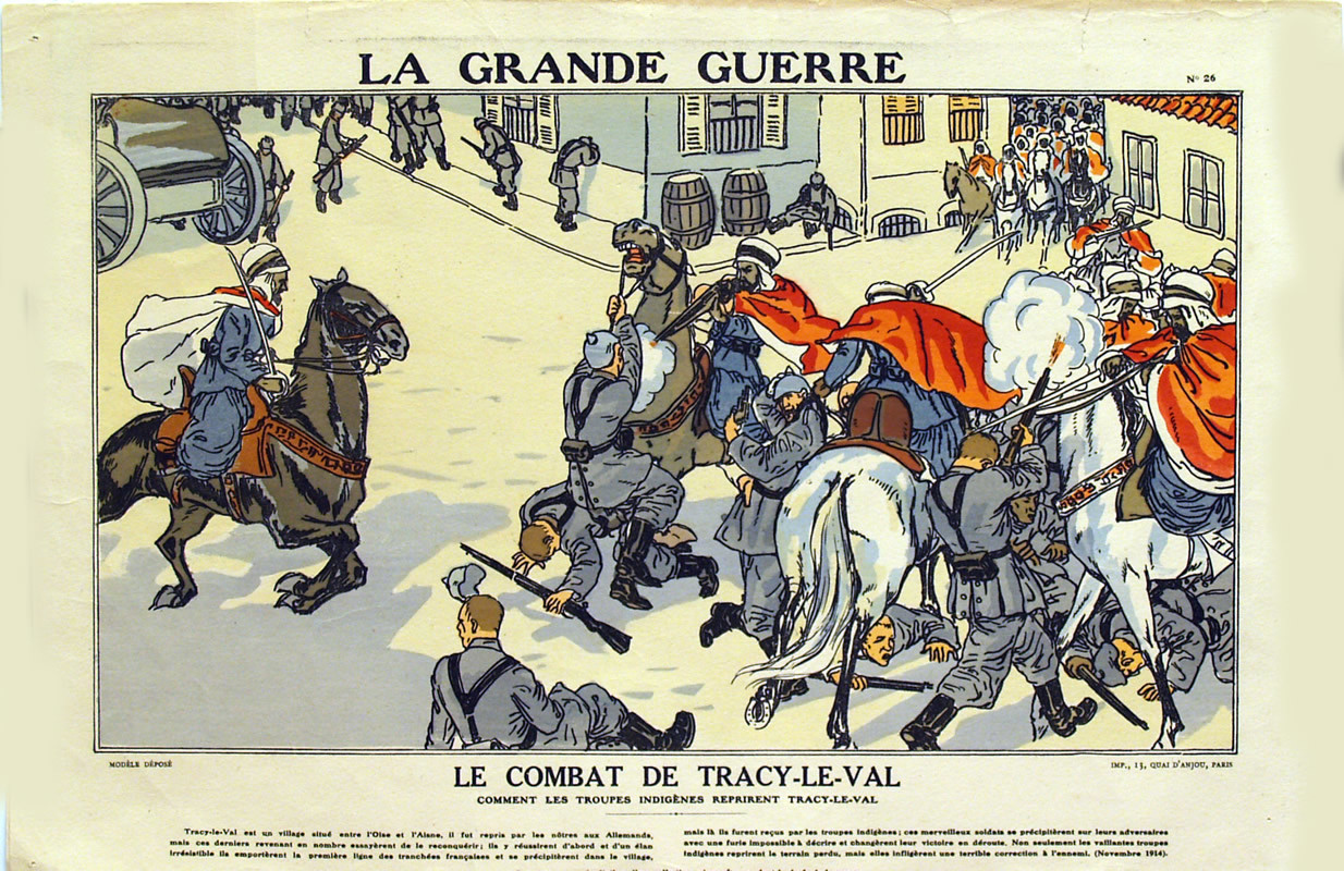 Battle scene in city with "indigenous troops" in turbans on horseback