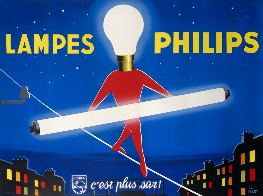 Lightbulb head figure holding tube lightbulb walks tightrope of powerline across city's night sky; blue, red, white, yellow
