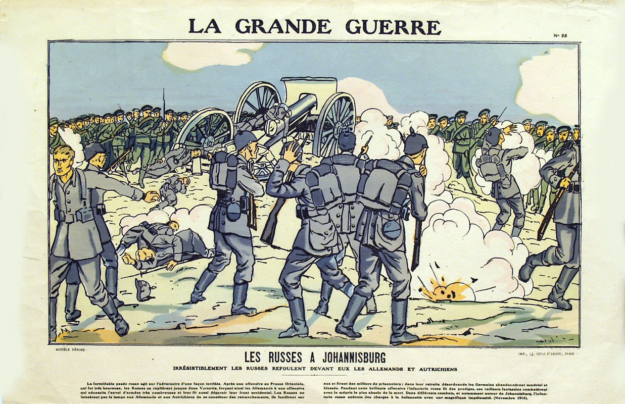 Battle scene of Russians; gray, blue, pink