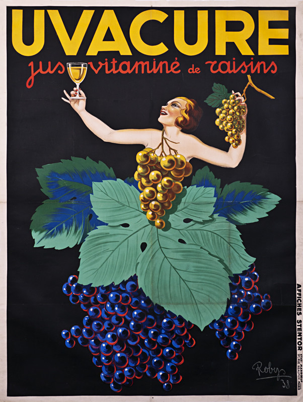 woman made of grapes admires glass of uvacure; green, red, yellow, purple