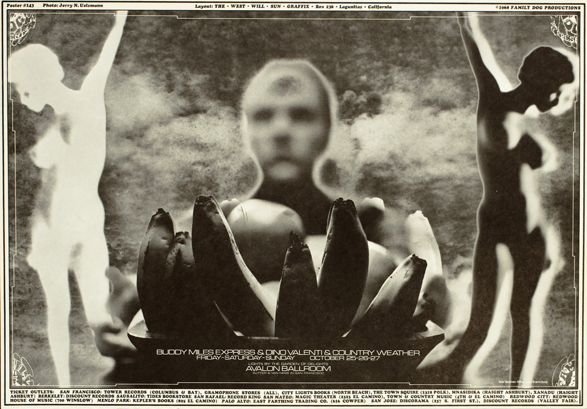 Figures dance in background, bowl of fruit in foreground; black, white