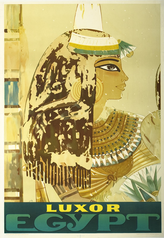 Close up of ancient Egyptian woman in wall painting, papyrus plants; green, yelllow, brown