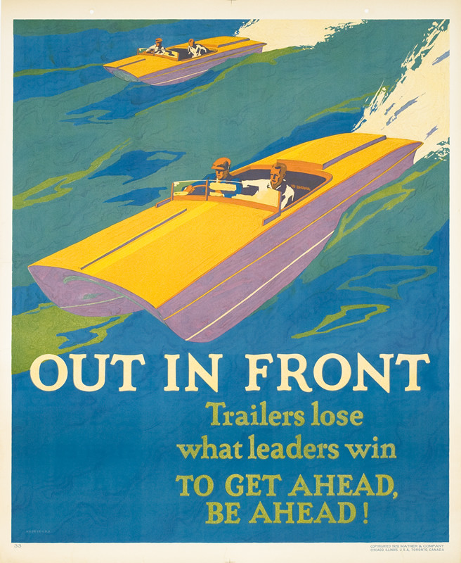 2 speed boats in water; blue, orange, purple