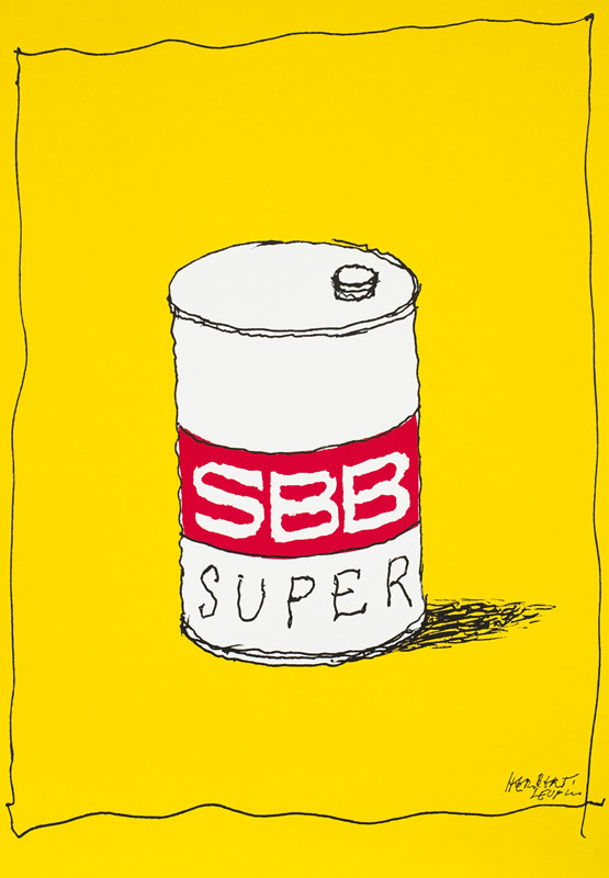 White can with red label SBB on a yellow field with sketched  black line creating a border