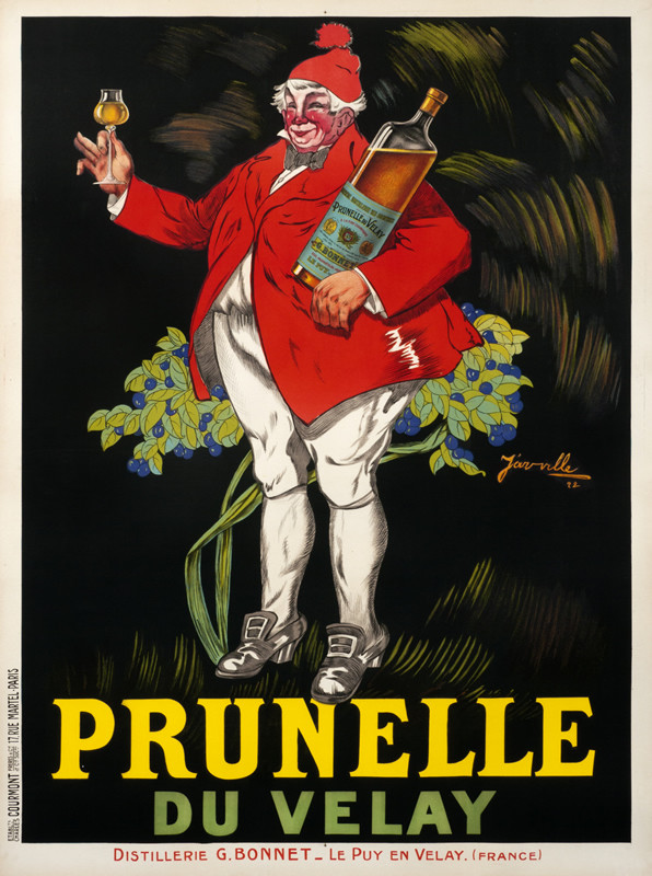 Older gent in red jacket and cap holds bottle under one arm and raises a glass with the other; red, black, yellow