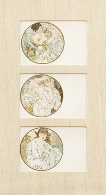 Three medallions of women; pink, green, brown, pastel