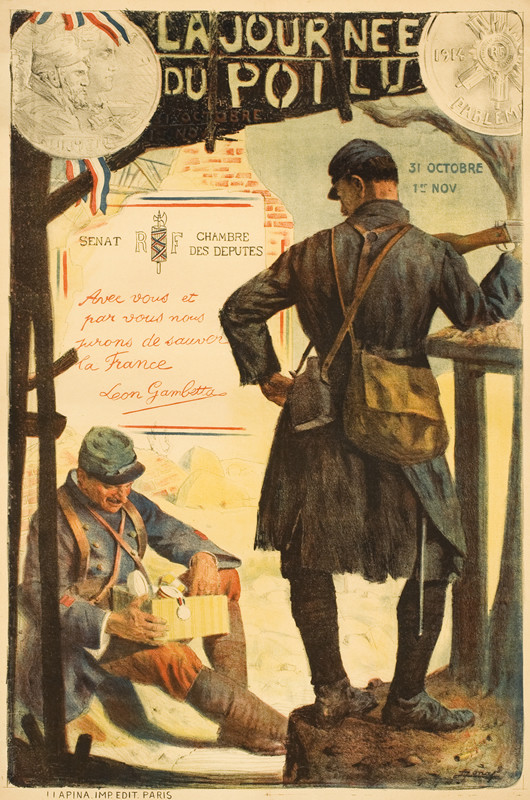 French soldier with companion, in bombed out building looking over box of gifts/care package, medals above; brown, blue, red