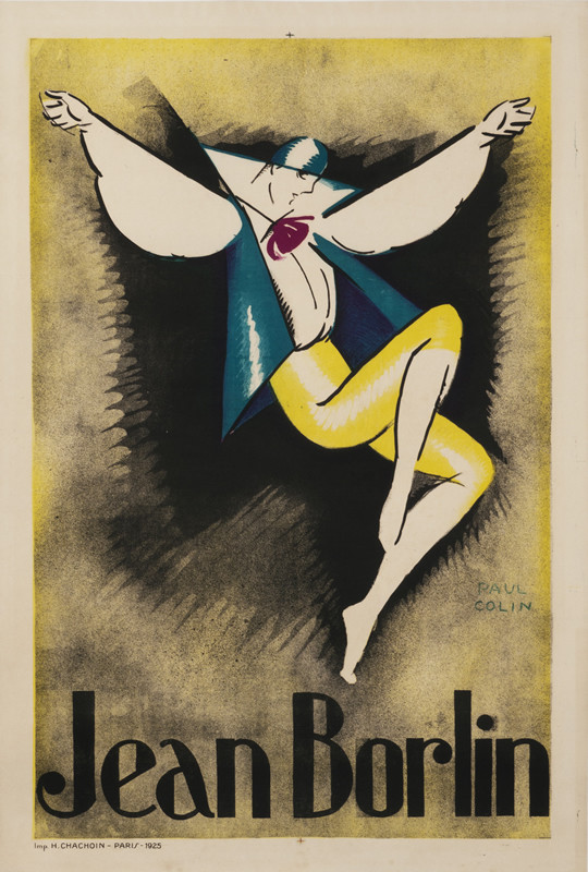 Dancer jumps; yellow, blue, brown