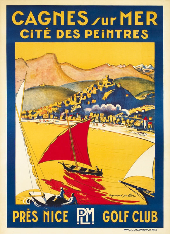 Sailboats with hills and village in the background; yellow, blue, red