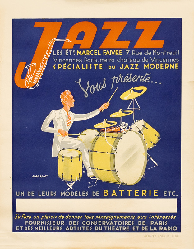 Man playing set of drums, saxophone, text about store; blue, yellow, red