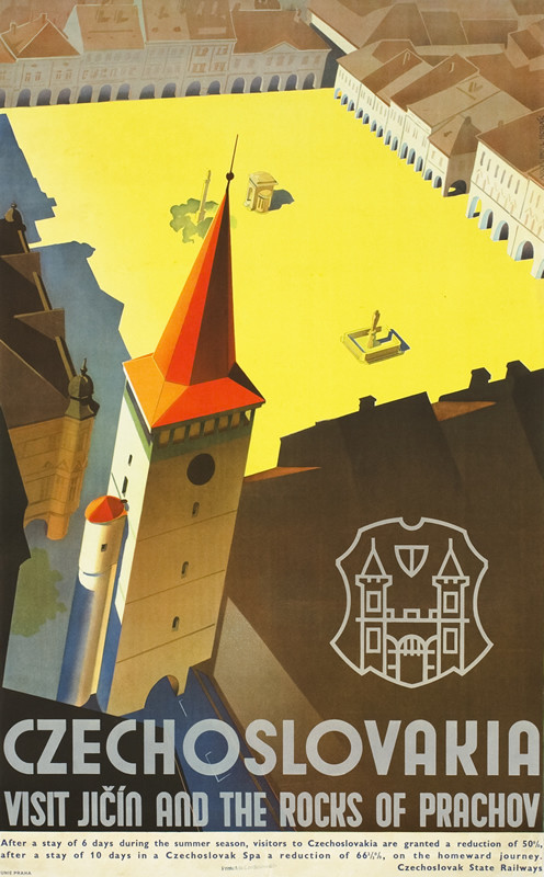 View of city hall and central square, surrounding buildings; yellow, blue, red, brown