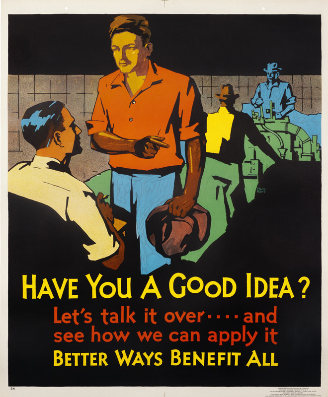 Man holding hat having discussion with man seated in chair; blue, green, yellow, orange