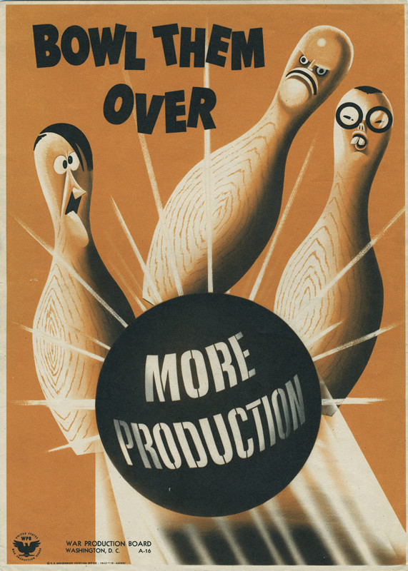 A bowling ball strikes three pins caricaturized as Hitler, Tojo, and Churchill; orange, black