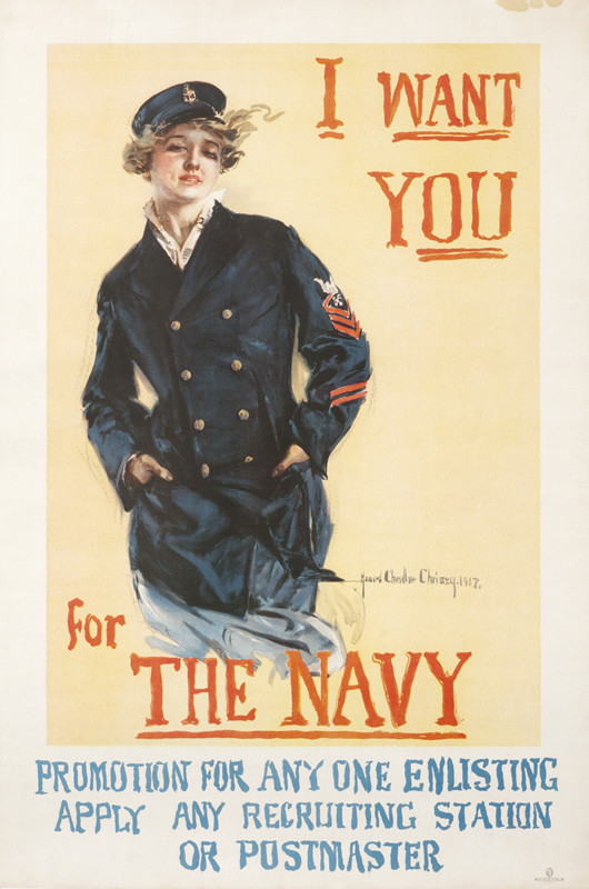 Sultry woman in naval uniform requests to join the Navy; yellow, blue