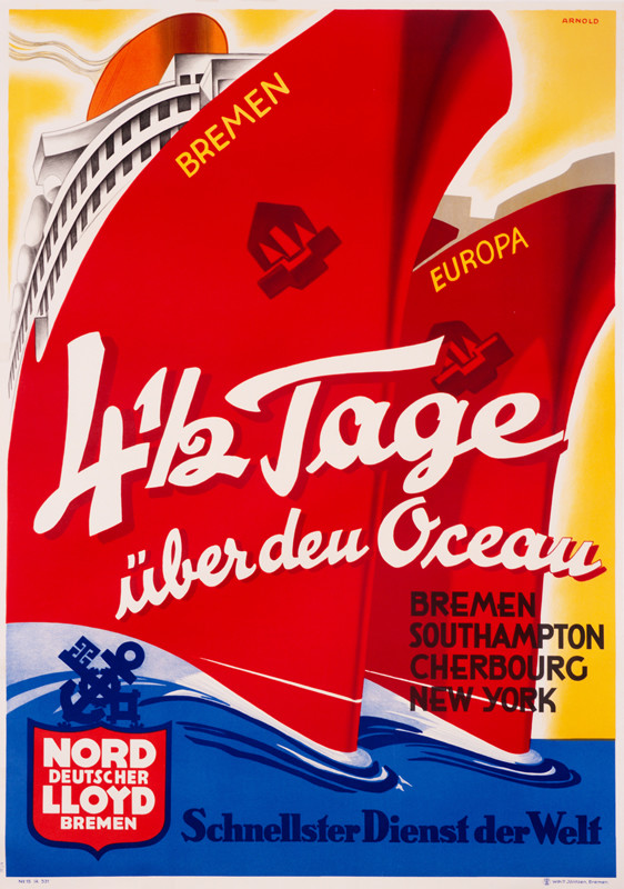 Red bows of ocean liners Bremen & Europa; red, blue, yellow
