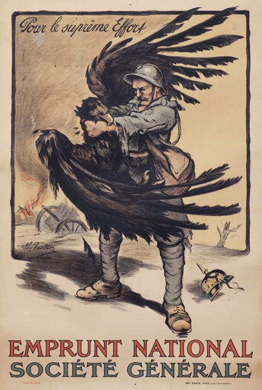 Soldier wrestling with eagle; field background; beige, blue, black