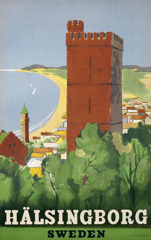 castle and seashore with sailboats; blue, green, beige