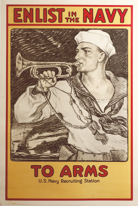 A sailor blows a trumpet to call recruits; black and white with yellow orange border and red type
