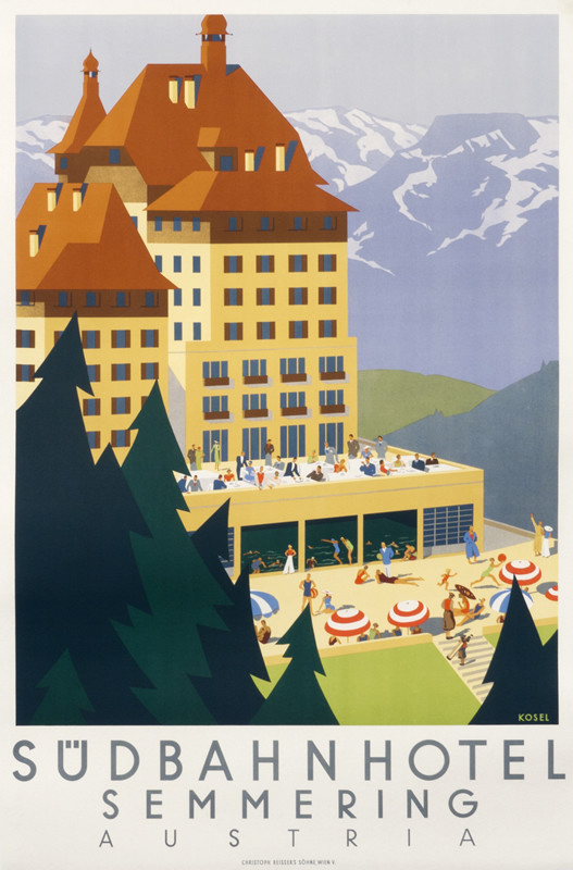 View of Hotel in mountains; tan, green,
