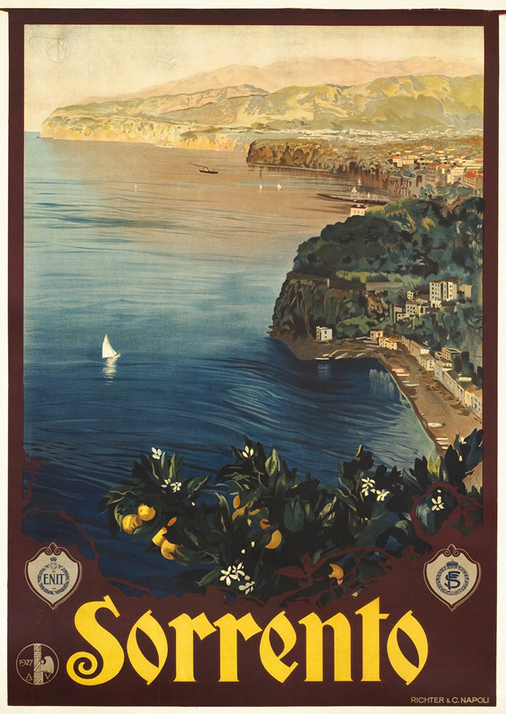 View of Sorrento overlooking the Bay of Naples, orange tree, cliffs, hillside villages, boats on water; maroon, orange, blue, brown