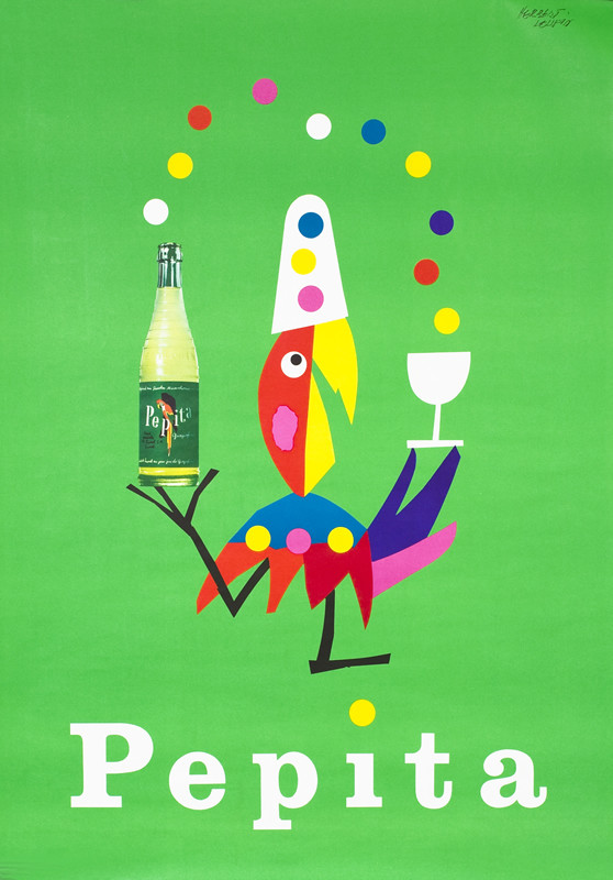 Parrot holds bottle of Pepita and colored bubbles flow into glass; green, red, pink, white