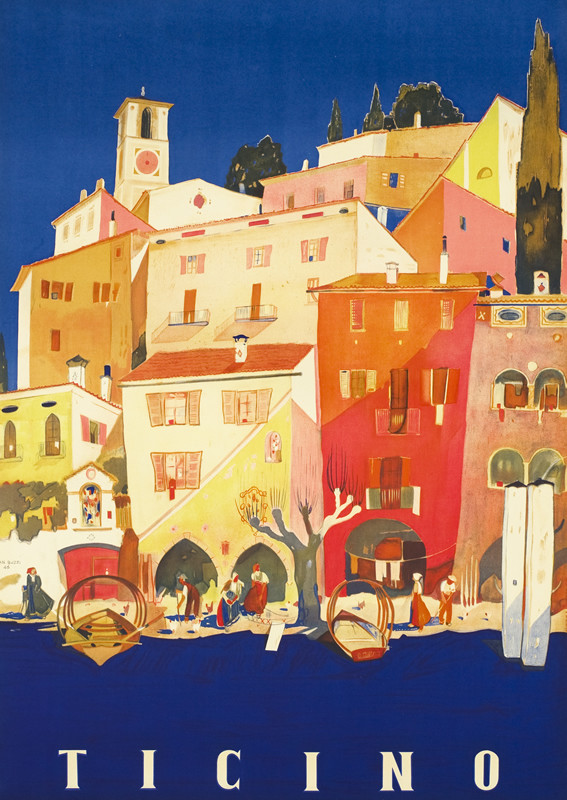 View of sea-side town, stucco houses, red roofs