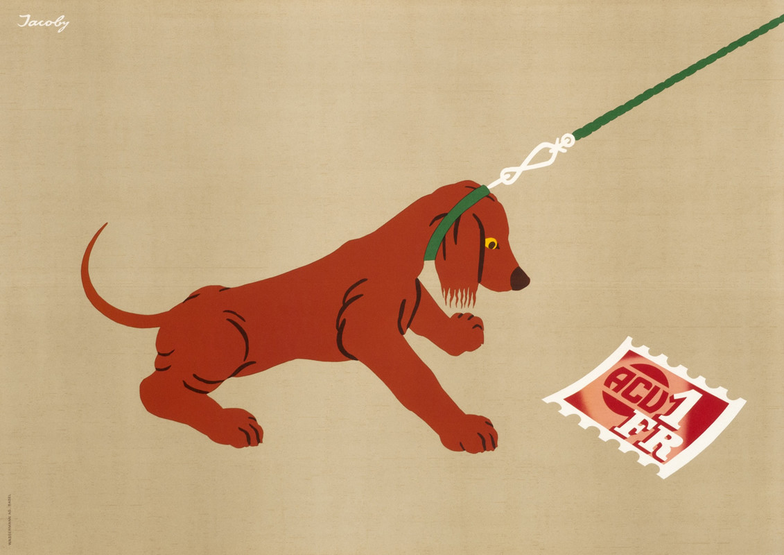 Dog on leash looks at stamp; green, brown, beige