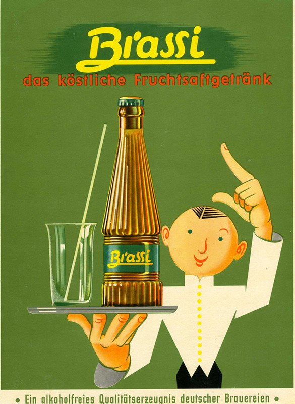 Waiter presents tray with bottle and glass; green, brown, orange