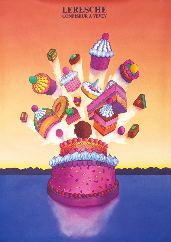 Cake floating on water shoots cupcakes, candy, and other sweets like fireworks; pink, purple, blue, red