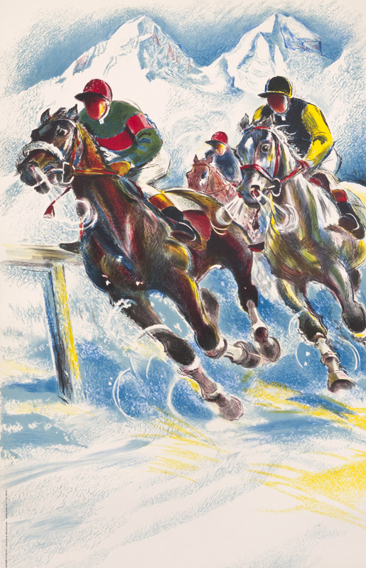 horserace in snow with jockeys urging horses on with mountains in background; green, blue, yellow