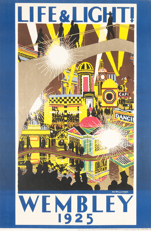 Nightime scene of exposition grounds; yellow, blue, white, black